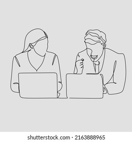 continuous drawing of office workers at a business meeting. coworkers wearing face masks working on documents with laptop computer - single line drawing