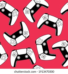 Continuous drawing on red background of next-generation game controller or gamepad vector icon for game apps and websites.