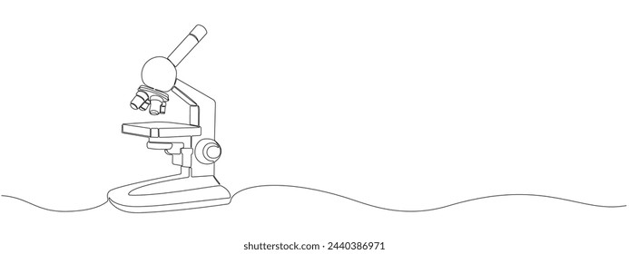 Dibujo continuo con un microscopio de laboratorio de línea editable . Concepto de investigación, microbiología, medicina. Diseño para la educación escolar. Ilustración de línea simple vectorial