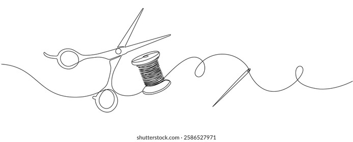 Continuous drawing of one editable line of scissors, thread spool and sewing needle.   Sewing accessories icon for needlework and tailor , in simple linear style.  Vector illustration.