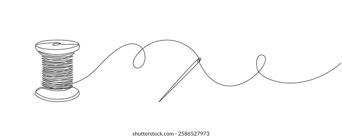 Continuous drawing of one editable line of thread spool and sewing needle.   Sewing accessories icon for needlework and tailor , in simple linear style.  Vector illustration.