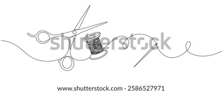 Continuous drawing of one editable line of scissors, thread spool and sewing needle.   Sewing accessories icon for needlework and tailor , in simple linear style.  Vector illustration.