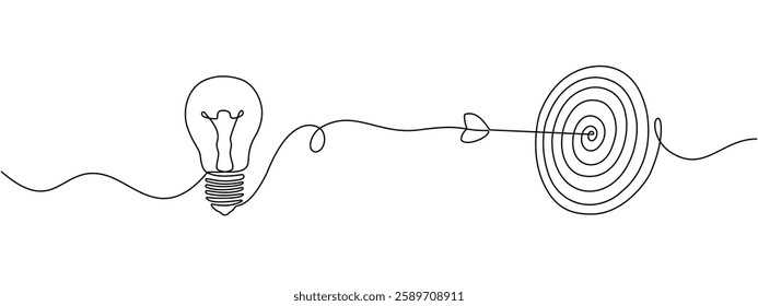 Continuous drawing of one edited light bulb and target line in the center with an arrow. Business concept to achieve the goal. Vector illustration