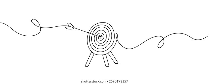 Continuous drawing of one edited target line in the center with an arrow. The arrow on in target circle is vector linear illustration. Business concept to achieve the goal.