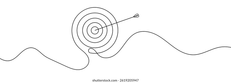 Continuous drawing of one edited target line in the center with an arrow. The arrow on the target is vector linear illustration. Business concept to achieve the goa