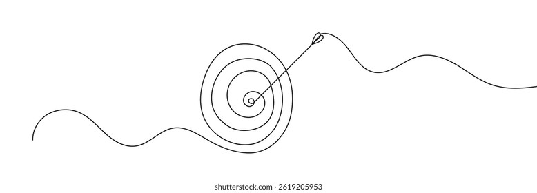 Continuous drawing of one edited target line in the center with an arrow. The arrow on the target is vector linear illustration. Business concept to achieve the goa