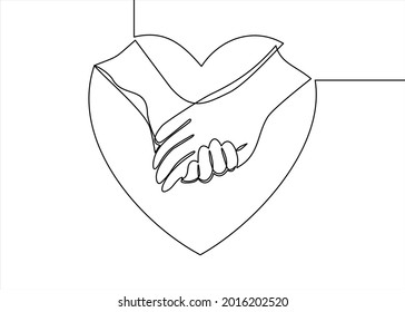 Continuous drawing of one line. Abstract hands woman and man holding a heart. Vector illustration