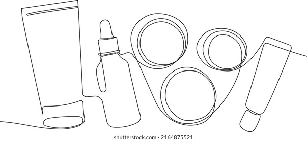 Continuous drawing of one line of bottles with oil or honey or lemon or lime juice for scrubbing and body skin care with natural herbal skin care products, top view of ingredients. Vector illustration