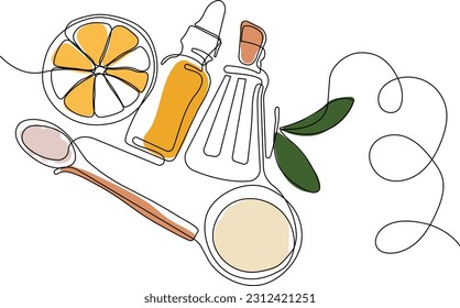 Continuous drawing of one line of bottles with oil or honey or lemon or lime juice for scrubbing and body skin care with natural herbal skin care products, top view of ingredients. Vector illustration