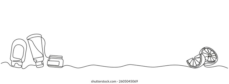 Continuous drawing of one line of bottles with lemon or oranges. Vitamin C cosmetics. Serum, tonic, cream with lemon or oranges. Antioxidants, peeling for glowing skin. Skincare routine.