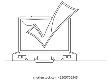 Continuous drawing of one line of an briefcase with checkbox. Insurance concept. Business bag isolated on a white background. Vector illustration