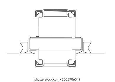 Dessin continu d'une ligne d'un document et d'une bannière ruban. Concept d'assurance. Abonnement isolé sur fond blanc. Illustration vectorielle