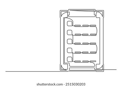 Desenho contínuo de uma linha de um documento em uma mesa digitalizadora. Conceito de seguro. Documento comercial isolado em um fundo branco. Ilustração vetorial