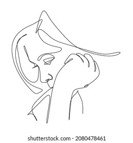 continuous drawing with one line the face of a thoughtful woman