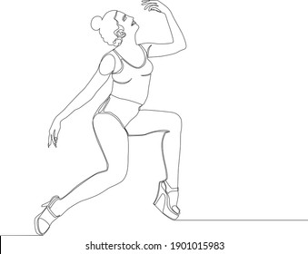 Dibujo continuo con una línea. La chica está congelada en una pose de baile, una hermosa pose de baile. Ilustración vectorial.