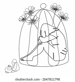 continuous drawing with one line of a girl in a cage and flowers