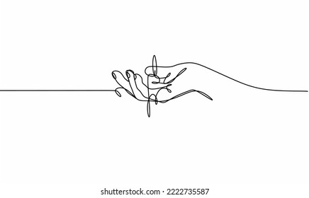 Continuous drawing with one line in the hand of a burning candle . Close-up vector illustration.