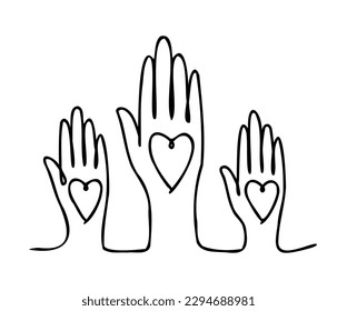 Continuous drawing in one line. Hands holding hearts on a white background. Black thin line of three hands depicting hearts. Vector illustration.
