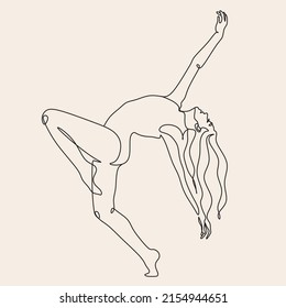 Dibujo continuo en una línea. Mujer feliz estirándose. Ilustración vectorial. Bailarina bailando danza contemporánea. Logotipo elegante de Ilustración Femenina de Bienestar Minimalista