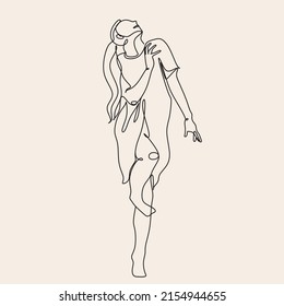 Dibujo continuo en una línea. Mujer feliz estirándose. Ilustración vectorial. Bailarina bailando danza contemporánea. Logotipo elegante de Ilustración Femenina de Bienestar Minimalista