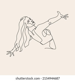 Dibujo continuo en una línea. Mujer feliz estirándose. Ilustración vectorial. Bailarina bailando danza contemporánea. Logotipo elegante de Ilustración Femenina de Bienestar Minimalista