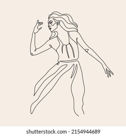 Dibujo continuo en una línea. Mujer feliz estirándose. Ilustración vectorial. Bailarina bailando danza contemporánea. Logotipo elegante de Ilustración Femenina de Bienestar Minimalista