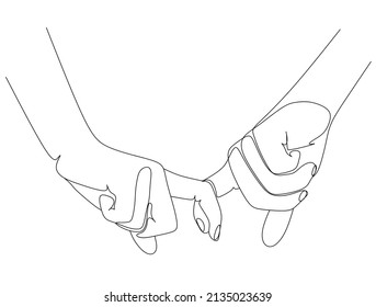 Dibujo continuo de una línea. Espera con tus dedos. Pareja tomándose de la mano. Ilustración del vector de retención de pinky. Concepto de logotipo, tarjeta, pancarta, volante de afiches. 