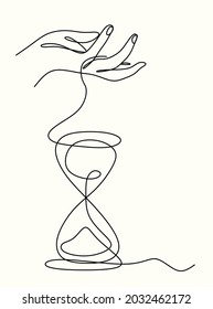 Continuous Drawing With One Line Of An Hourglass And Fingers. The Concept Of Time