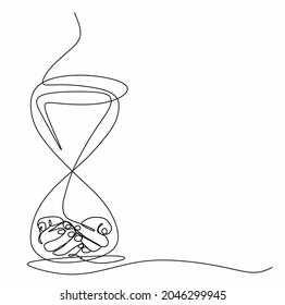 continuous drawing with one line of an hourglass and fingers. The concept of time