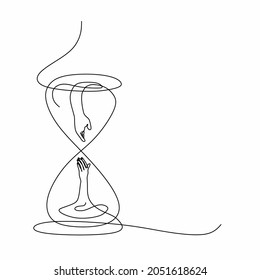 Continuous Drawing With One Line Of An Hourglass And Hands Of Men And Women. The Concept Of Time And Love