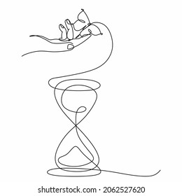 continuous drawing with one line of an hourglass and a hand with a butterfly on the finger. The concept of time, beauty