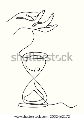 continuous drawing with one line of an hourglass and fingers. The concept of time