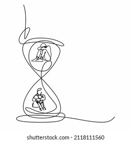 continuous drawing of one line of a man and a woman with an hourglass. The concept of loss, frustration and time does not heal