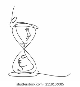 continuous drawing of one line of a man and a woman with an hourglass. The concept of loss, frustration and time does not heal,  of love 