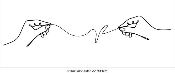 continuous drawing of one line of a man's hand connected by a thin thread with a woman's hand