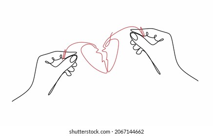 continuous drawing of one line of a man's hand and a woman's hand connected by a thin thread in the shape of a broken heart with a large plan