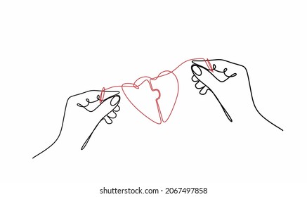 continuous drawing of one line of a man's hand and a woman's hand connected by a thin thread in the shape of a heart using a bonded puzzle