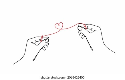 continuous drawing of one line of a man's hand and a woman's hand connected by a thin red thread in the shape of a heart