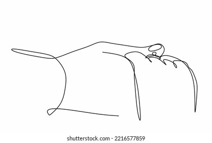 Continuous drawing with one line of a man's hand and a woman's with a ring on her finger. Hand in hand. The concept of psychology of love