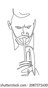 continuous drawing with one line The musician plays the trumpet close up