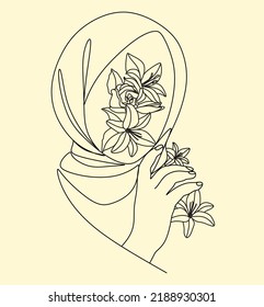 Continuous drawing in one line. Muslim woman with flowers. Vector illustration