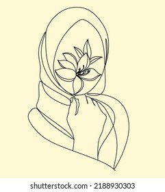 Dibujo continuo en una línea. Mujer musulmana con flores. Ilustración del vector