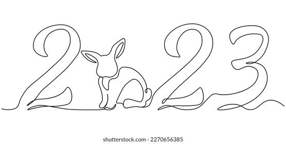Continuous drawing with one line of the rabbit symbol of 2023. Fluffy rabbit silhouette with ears in a simple linear style for a winter greeting card and a web banner. Vector illustration of doodles..