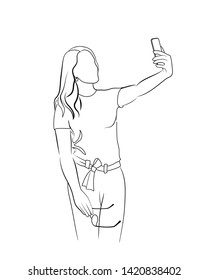 Continuous drawing of one line. Selfie. Beautiful woman, lovely girl, vector illustration, takes a picture of herself, holds a smartphone, for an online story or streaming