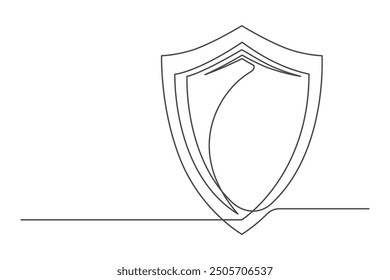 Dibujo continuo de una línea de un escudo. Concepto de seguro. Símbolo seguro aislado en un fondo blanco. Ilustración vectorial