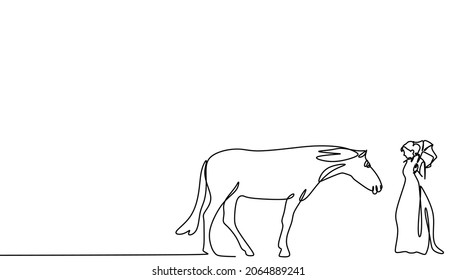 continuous drawing with one line of the silhouette of a WOMAN AND a HORSE