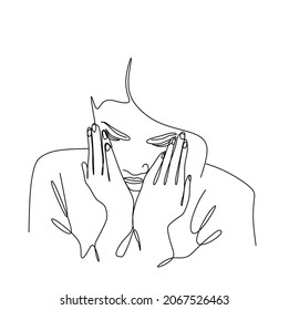 continuous drawing with one line a woman's face wipes tears with her hands