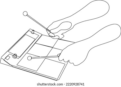 Continuous drawing of a person playing electronic drum pad with sticks. Hands holding drum sticks close up. Vector illustration.