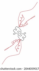 continuous drawing of the red line of the hands and the black line of the puzzle. Business solutions success and strategy and time