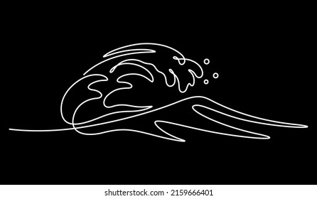 Continuous Drawing Of Sea Ocean Waves Illustration. Contour Line Art Vector Of Water Wave Isolated On Black Background